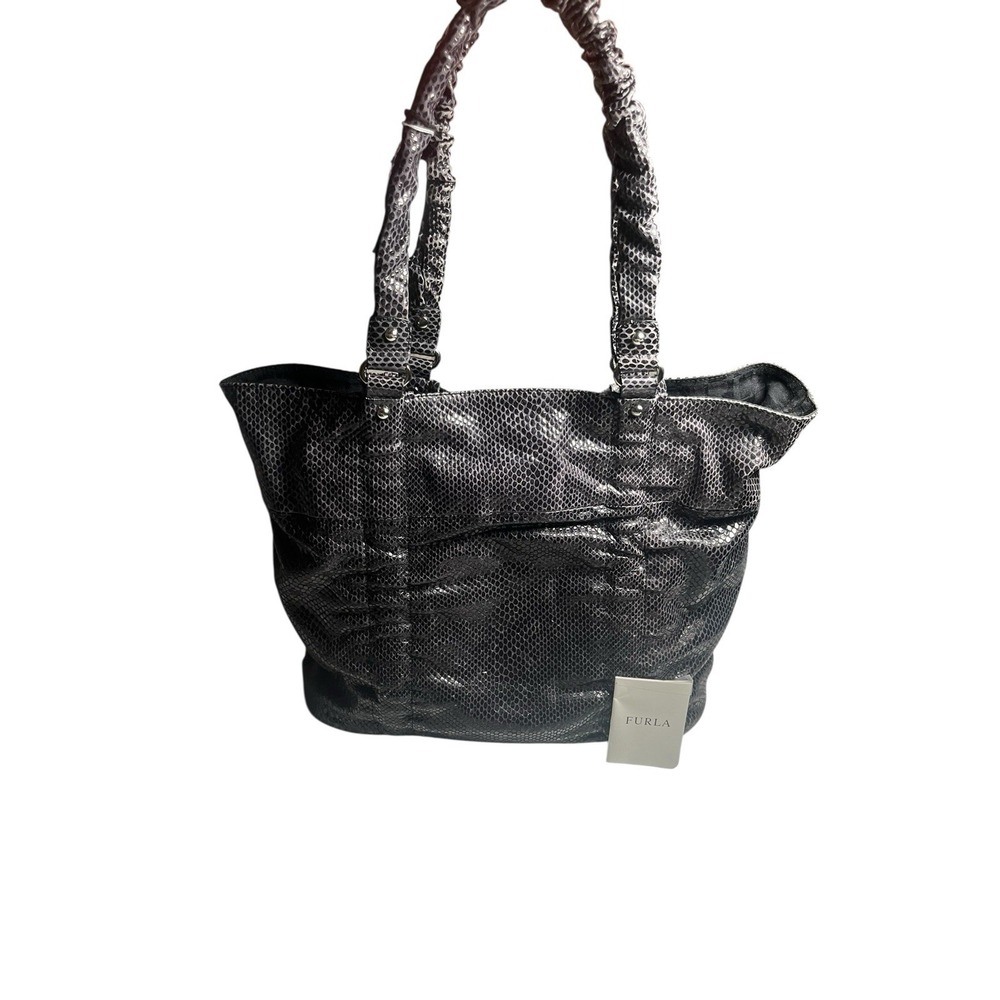 Furla Leather Handbag, Grey Blue, Silver Hardware, Made In Italy